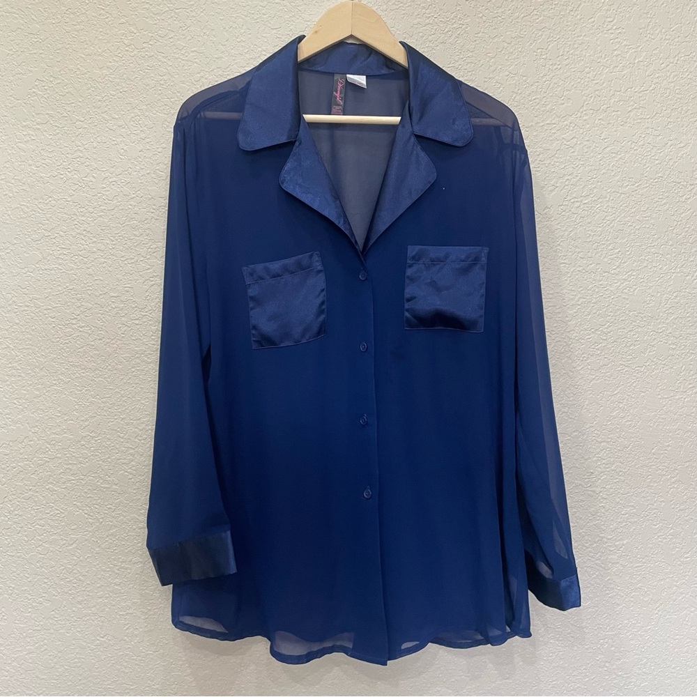 Dreamgirl Sheer Lingerie Night Shirt in Navy Blue Satin Details Large Loungewear